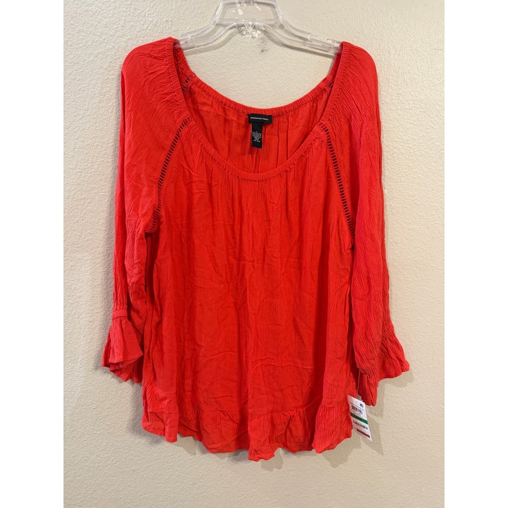 INC International Concepts Womens Large Red Orange Ruffle Gauze Blouse New